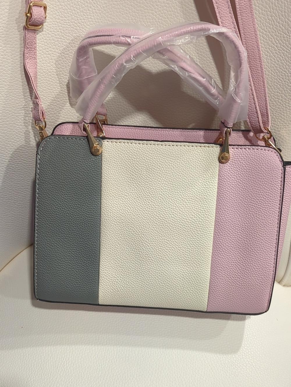 Colorblock Tricolor Satchel Bag - Pink, Cream & Gray